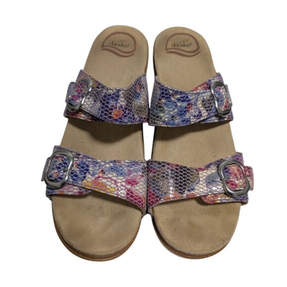 Dansko Sophie Sandals Womens 10 Watercolor Floral Snake Wedge Adjustable Leather - Picture 2 of 8